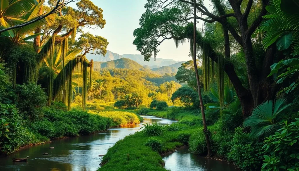 A lush, verdant landscape in the heart of French Guiana, showcasing the hidden gem of Roura. In the foreground, a winding river meanders through the dense, tropical foliage, casting gentle reflections. The middle ground features towering, ancient trees draped in cascading vines and vibrant flora, creating a sense of timeless, untamed beauty. In the distance, rolling hills and misty mountains rise up, their peaks shrouded in a soft, golden haze under a clear, azure sky. The overall scene exudes a serene, tranquil atmosphere, inviting the viewer to immerse themselves in the unspoiled, natural wonder of this remote, enchanting region.