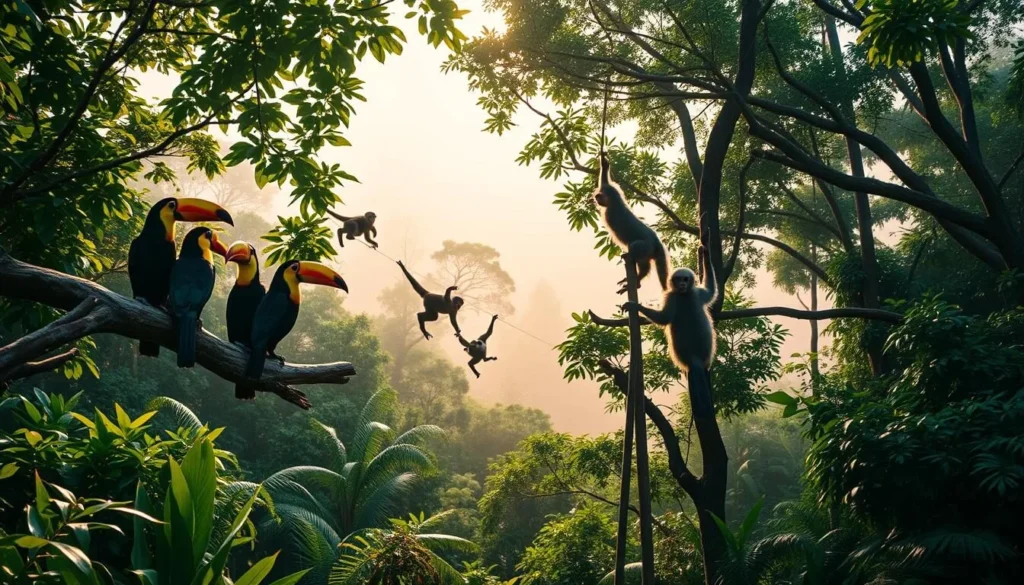 A lush, verdant landscape in the heart of French Guiana, teeming with diverse wildlife. In the foreground, a family of colorful toucans perches on a weathered tree branch, their vibrant beaks and feathers contrasting against the dappled sunlight filtering through the canopy. In the middle ground, a troop of agile saki monkeys swings from branch to branch, their long tails gracefully balancing their acrobatic movements. In the background, the misty silhouettes of towering rainforest trees rise up, creating a sense of depth and mystery. The overall scene is bathed in a warm, golden glow, evoking the tranquil beauty of this ecological wonder.