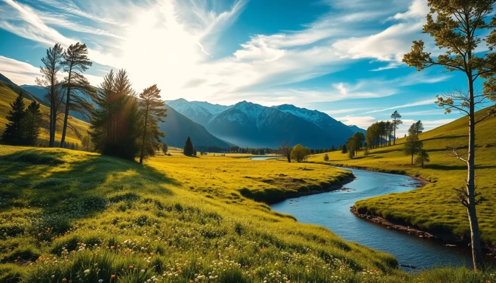 A lush, verdant landscape in the heart of Rogaland County, Norway. Sprawling meadows dotted with wildflowers lead the eye towards a towering mountain range, their snow-capped peaks cutting a dramatic silhouette against the azure sky. A tranquil river winds its way through the valley, its gentle currents reflecting the surrounding natural beauty. Warm, golden sunlight filters through wispy clouds, casting a warm glow over the scene. Birch and pine trees line the banks, their swaying branches adding a sense of serene movement. This serene, picturesque vista captures the essence of Rogaland's unspoiled, hidden charm.