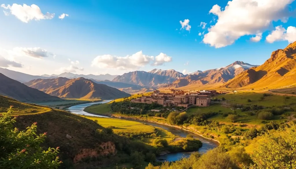 A lush, verdant landscape nestled among the rolling hills of Yemen's Ibb governorate. In the foreground, a winding river meanders through the verdant valley, its waters reflecting the warm, golden sunlight. Towering, rugged mountains rise up in the distance, their peaks capped with a dusting of snow. The charming, historic buildings of Ibb's city center dot the landscape, their traditional architecture blending seamlessly with the natural surroundings. Vibrant, verdant foliage adorns the scene, creating a serene and tranquil atmosphere. A pristine, azure sky overhead, dotted with fluffy white clouds, completes this idyllic, picturesque view of Yemen's "Green City."