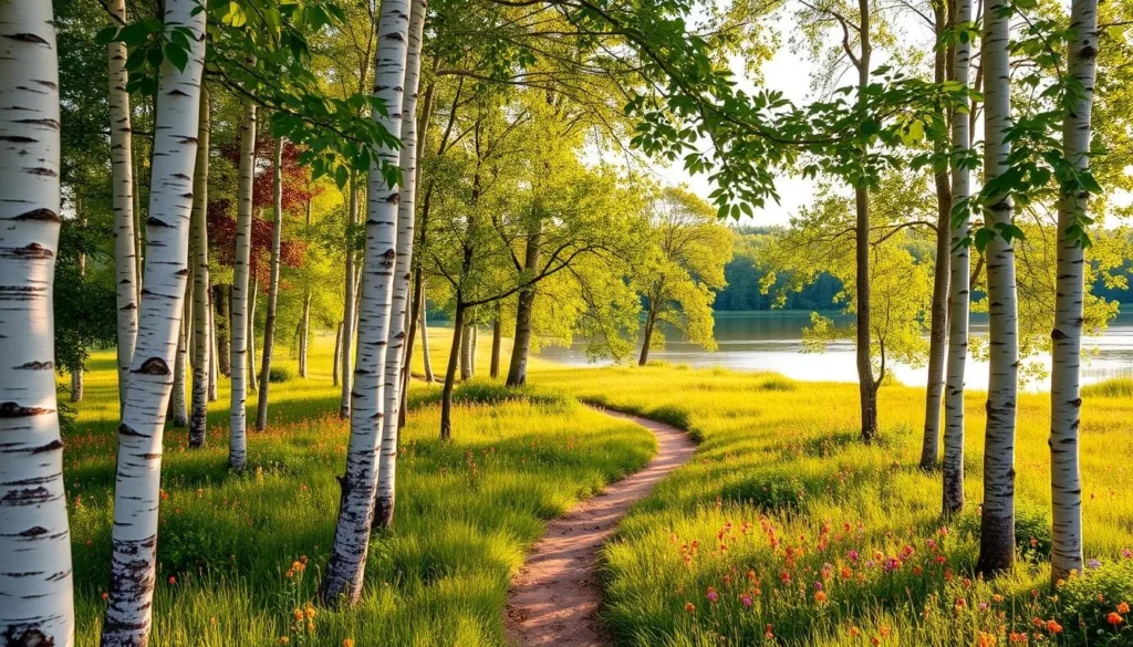 A lush, verdant landscape of Bockstens Mosse Nature Reserve in Sweden. Towering birch trees frame the foreground, their delicate white trunks and rustling leaves creating a serene atmosphere. In the middle ground, a winding path leads visitors through a carpet of vibrant wildflowers, inviting exploration. The background features a picturesque lake, its still waters reflecting the surrounding environment in shimmering detail. Warm, golden sunlight filters through the canopy, casting a soft, natural glow over the entire scene. A tranquil, idyllic setting that perfectly captures the beauty and tranquility of this cherished natural sanctuary.