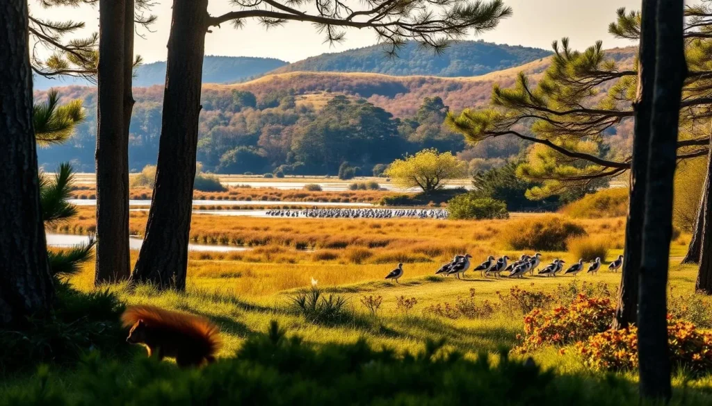 A lush, verdant landscape of Brownsea Island in the English Channel, where rare and vibrant wildlife thrives. In the foreground, a curious red squirrel darts among the towering pine trees, its bushy tail a splash of color against the mottled bark. In the middle ground, a flock of Eurasian oystercatchers wade in the shallow waters, their distinctive black and white plumage gleaming in the warm, golden sunlight. In the distance, the island's distinctive hills rise up, cloaked in a tapestry of heathland and woodland. The scene is bathed in a soft, diffused light, evoking a sense of tranquility and natural harmony.