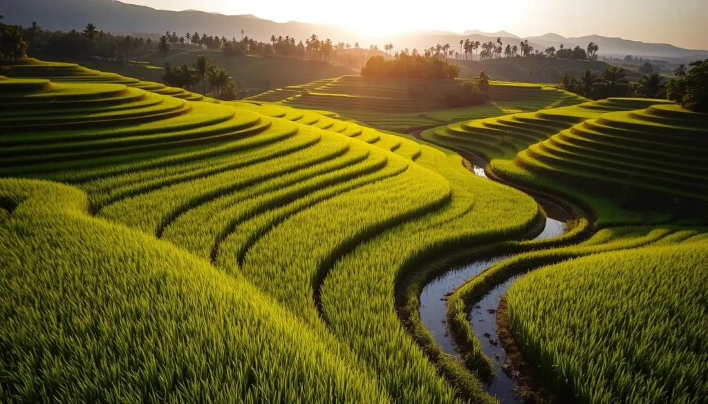A lush, verdant landscape of meticulously terraced rice fields stretches out before the viewer, basking in the warm glow of the afternoon sun. Rows of vibrant green stalks sway gently in the soft breeze, their reflections shimmering in the small canals that wind through the scene. In the distance, the silhouettes of palm trees and low hills dot the horizon, creating a tranquil, bucolic atmosphere. The image is captured with a wide-angle lens, emphasizing the expansive scale and serene beauty of this agricultural heartland of Nieuw Nickerie, Suriname.