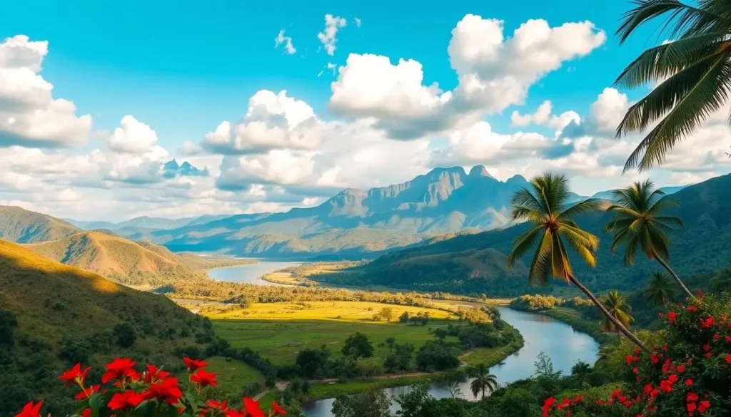A lush, verdant landscape of rolling hills and towering mountains, bathed in the warm glow of the November sun. In the foreground, a tranquil river winds its way through the valley, its waters reflecting the azure sky and fluffy white clouds above. Vibrant flora dot the scene, from the vibrant red flowers to the verdant palm trees swaying gently in the soft breeze. In the distance, the iconic silhouette of Tepuy peaks rises, their rugged, ancient forms casting long shadows across the land. The overall atmosphere is one of serenity and natural beauty, perfectly capturing the essence of Venezuela in the shoulder season.