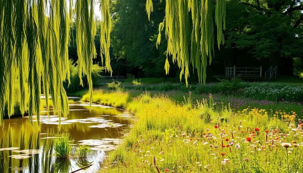 A lush, verdant landscape of the London Borough of Barking and Dagenham, bathed in warm, golden sunlight. In the foreground, a tranquil pond reflects the swaying foliage of willow trees, their branches dipping gracefully into the still waters. The middle ground is filled with a vibrant tapestry of wildflowers, their petals gently swaying in the soft breeze. In the background, a dense forest of towering oak and maple trees forms a verdant canopy, casting dappled shadows on the ground below. The overall scene evokes a sense of serene calm and a deep connection with nature, perfect for nature lovers to explore and appreciate.