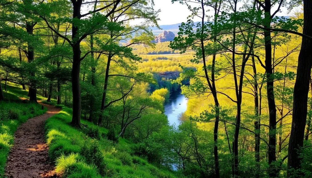A lush, verdant landscape of the Shawnee National Forest in Southern Illinois, bathed in warm, golden sunlight. In the foreground, a winding hiking trail leads through a canopy of towering hardwood trees, their leaves gently rustling in the gentle breeze. In the middle ground, a tranquil stream meanders through the forest, its crystal-clear waters reflecting the serene surroundings. Beyond, rolling hills and rocky outcroppings stretch out, creating a sense of depth and grandeur. The scene exudes a peaceful, tranquil atmosphere, inviting the viewer to immerse themselves in the natural beauty of this hidden gem. A lush, verdant landscape of the Shawnee National Forest in Southern Illinois, bathed in warm, golden sunlight. In the foreground, a winding hiking trail leads through a canopy of towering hardwood trees, their leaves gently rustling in the gentle breeze. In the middle ground, a tranquil stream meanders through the forest, its crystal-clear waters reflecting the serene surroundings. Beyond, rolling hills and rocky outcroppings stretch out, creating a sense of depth and grandeur. The scene exudes a peaceful, tranquil atmosphere, inviting the viewer to immerse themselves in the natural beauty of this hidden gem.