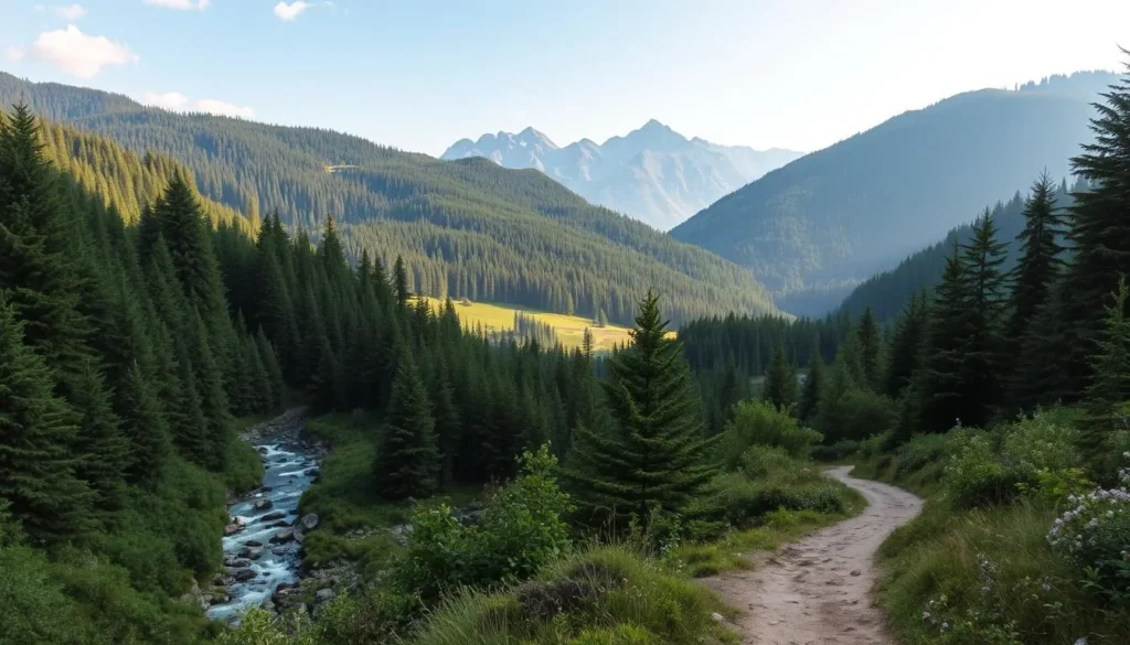 A lush, verdant landscape of the Sumava National Park in Czechia. Towering evergreen forests blanket rolling hills, with sunlight filtering through the canopy. A crystal-clear mountain stream winds its way through the valley, reflecting the towering peaks in the distance. In the foreground, a well-trodden hiking trail leads visitors through the serene natural wonder, inviting them to immerse themselves in the tranquility of this pristine wilderness. Soft, diffused lighting bathes the scene in a warm, golden glow, capturing the essence of a perfect day in this picturesque corner of the world.