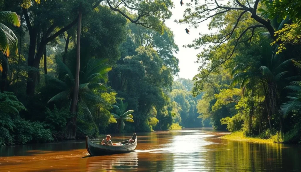 A lush, verdant landscape of the Tambopata National Reserve in Peru's Amazon basin. Towering canopy trees frame a winding river, its waters reflecting the dappled sunlight filtering through the foliage. In the foreground, a dugout canoe drifts peacefully, while colorful birds dart among the branches. The air is thick with the sounds of nature - the buzzing of insects, the calls of howler monkeys, and the gentle lapping of the river. A sense of tranquility and untamed wilderness pervades the scene, inviting the viewer to immerse themselves in this pristine and enchanting corner of the Peruvian Amazon.