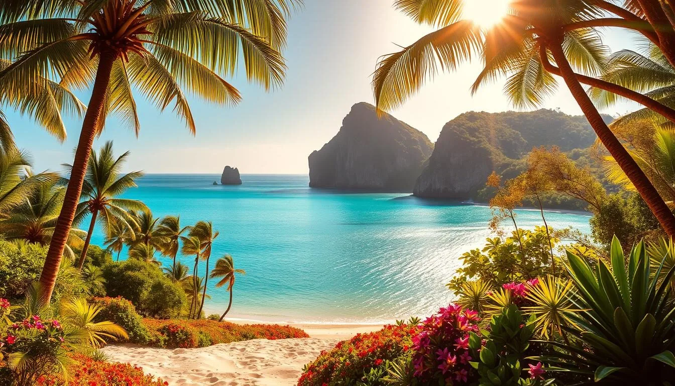 A lush, verdant landscape of towering palm trees and vibrant foliage, framed by glistening turquoise waters of a tranquil lagoon. In the foreground, a sandy beach dotted with colorful tropical flowers, leading the eye towards the middle ground, where majestic rock formations rise up, casting dramatic shadows across the scene. The bright, golden sun casts a warm, inviting glow, illuminating the entire panorama and creating a sense of serene, natural beauty. The overall atmosphere is one of peaceful, unspoiled wilderness, perfectly capturing the essence of Cabo Orange National Park, Brazil.