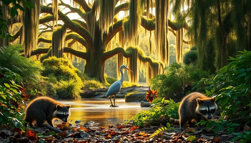 A lush, verdant landscape on Cumberland Island, Georgia, showcasing the diverse wildlife beyond the famous wild horses. In the foreground, a family of raccoons forages amid fallen leaves and lush ferns, their curious eyes scanning the undergrowth. In the middle ground, a graceful heron wades through a tranquil, sun-dappled stream, its long neck poised to strike. In the background, a towering live oak tree, draped in Spanish moss, frames the scene, creating a serene and atmospheric backdrop. Warm, natural lighting filters through the canopy, casting a soft, golden glow over the entire composition. Capture the essence of this unique, biodiverse ecosystem in a captivating and visually compelling image.