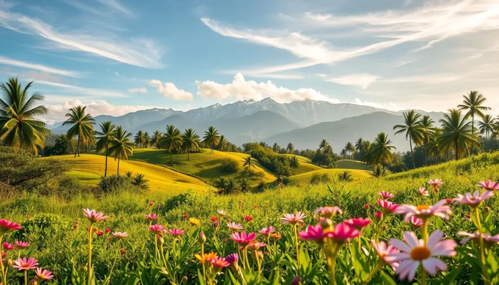 A lush, verdant landscape transitioning through Ecuador's diverse seasons. In the foreground, a vibrant field of flowers in bloom, their petals swaying gently in the breeze. The middle ground reveals rolling hills dotted with towering palm trees, their fronds casting playful shadows. Beyond, the majestic Andes mountains rise, their snow-capped peaks gleaming under the warm, golden light of a clear sky. Wispy clouds drift overhead, casting soft, diffused illumination across the scene. The overall atmosphere is one of tranquility and natural wonder, capturing the essence of Ecuador's weather-driven transformations throughout the year.