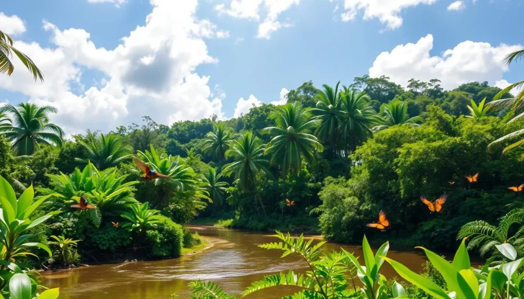 A lush, verdant landscape under a bright, sun-dappled sky. In the foreground, a tranquil river winds its way through the tropical foliage, its surface reflecting the clouds above. In the middle ground, native wildlife such as colorful birds and butterflies flutter amidst the vibrant flora. The background features the towering, verdant canopy of the Amazon rainforest, its shimmering leaves swaying gently in the warm breeze. The overall scene conveys a sense of peace, harmony, and the natural beauty of the Campos Amazonicos National Park during the optimal time to visit.