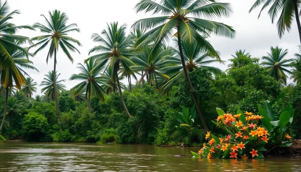 A lush, verdant landscape under a soft, overcast sky. Towering palm trees sway gently in the warm, humid breeze, their fronds casting dappled shadows on the ground below. In the foreground, a tranquil river meanders through the scene, its surface reflecting the muted tones of the surrounding foliage. Clusters of vibrant tropical flowers dot the riverbanks, their petals glistening with recent rainfall. The overall atmosphere is one of serene, natural beauty - a quintessential snapshot of Suriname's renowned wet season.