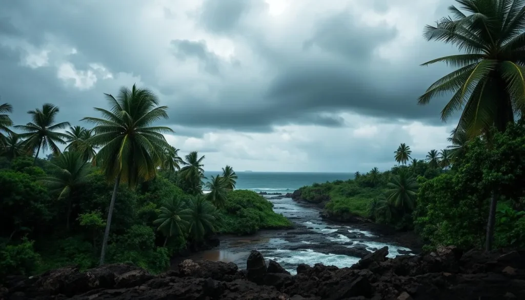 A lush, verdant landscape under a stormy sky. The Andaman Islands during the monsoon season. Towering palm trees sway in the wind, their fronds rustling. Thick clouds hang low, obscuring the horizon. Rain pours down, creating pools and streams that reflect the dramatic scene. In the foreground, a rugged coastline with rocky outcroppings, waves crashing against the shore. The air is thick with humidity, the atmosphere moody and atmospheric. Capture this tropical paradise in the throes of the seasonal rains, a wild and untamed beauty.