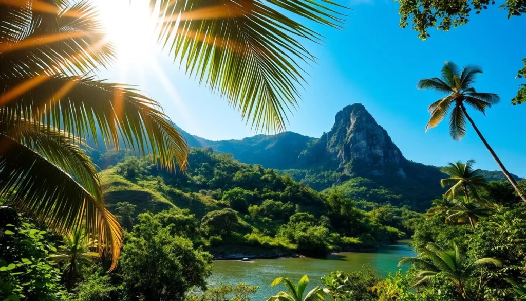 A lush, verdant landscape under a warm, golden sun in Kanchanaburi, Thailand. Rolling hills and dense tropical foliage frame a tranquil river, its waters reflecting the clear blue sky. Sunlight filters through swaying palm fronds, casting dappled shadows on the ground. In the distance, a towering limestone cliff rises majestically, its rugged face softened by the hazy atmosphere. The scene conveys a sense of peaceful serenity, inviting the viewer to immerse themselves in the serene, subtropical climate of this captivating region.