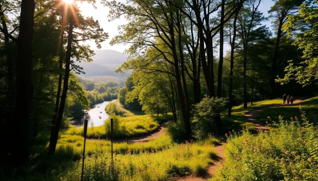 A lush, verdant landscape unfolds at Brandywine Creek State Park Nature Preserve. Tall, stately trees cast dappled shadows across the winding creek, its waters glistening under the warm, golden sunshine. In the foreground, a well-maintained hiking trail invites visitors to explore the serene natural surroundings, lined with vibrant wildflowers and verdant foliage. The middle ground reveals a tranquil scene, with kayakers gliding across the calm creek waters, surrounded by the picturesque rolling hills in the distance. An atmospheric, cinematic quality pervades the scene, creating a sense of peaceful harmony between nature and human presence.