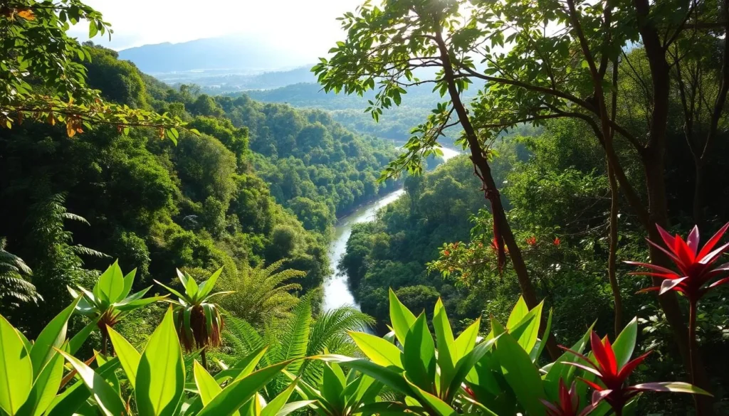 A lush, verdant landscape unfolds in Henri Pittier National Park, Venezuela's oldest protected area. In the foreground, a diverse array of tropical flora bursts with vibrant greens, reds, and blues, creating a vibrant tapestry of life. The middle ground reveals a winding river, its clear waters reflecting the surrounding canopy of towering trees. Sunlight filters through the leaves, casting a warm, dappled glow that illuminates the scene. In the background, rolling hills and distant peaks rise up, cloaked in the rich, verdant hues of the park's renowned biodiversity. The overall atmosphere is one of lush, thriving natural wonder, inviting the viewer to immerse themselves in the beauty and diversity of this remarkable Venezuelan treasure.