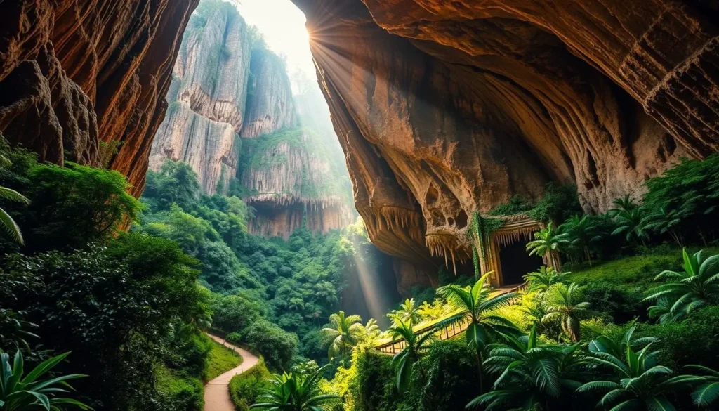 A lush, verdant landscape unfolds, revealing the hidden wonders of Cavernas do Peruaçu National Park in Brazil. Towering limestone cliffs rise majestically, their weathered surfaces bathed in warm, golden light. Meandering trails wind through dense, verdant foliage, leading to the entrance of a vast, mysterious cave system. Stalactites and stalagmites, carved by centuries of water erosion, stretch towards each other, creating a captivating interplay of shadow and light. Sunbeams filter through the cave's natural openings, casting a serene, ethereal glow upon the scene. Capture the essence of this enchanting Brazilian gem, where nature's artistry and geology converge to create a truly awe-inspiring, cinematic landscape.