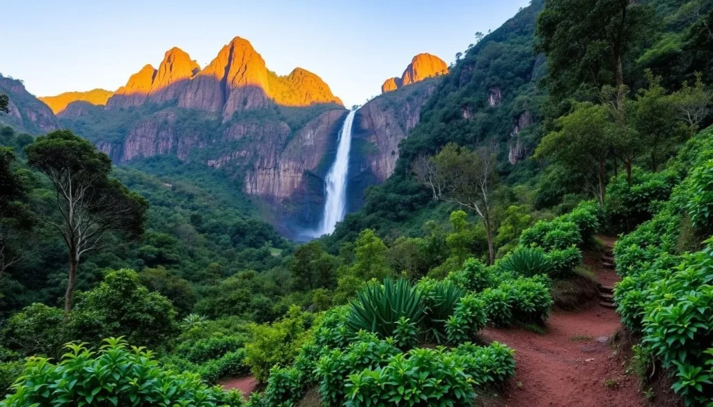 A lush, verdant landscape unfolds, showcasing the breathtaking Furnas do Bom Jesus National Park in Brazil. In the foreground, a winding trail meanders through the vibrant foliage, inviting exploration. Towering cliffs rise majestically in the middle ground, their rugged peaks bathed in warm, golden light. In the distance, a cascading waterfall tumbles over the rock formations, creating a mesmerizing display. The scene is imbued with a sense of tranquility and wonder, capturing the essence of this natural wonder.