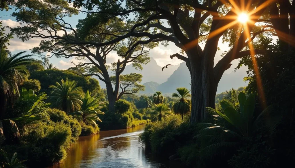 A lush, verdant landscape unfolds, showcasing the natural wonders of the Amazonas region. In the foreground, a glistening river winds its way through the dense foliage, its tranquil waters reflecting the vibrant hues of the surrounding flora. In the middle ground, towering, ancient trees with intricate bark textures and sprawling canopies cast dappled shadows across the scene. Distant mountains rise up, their jagged peaks kissed by wispy clouds, creating a sense of scale and depth. The warm, golden rays of the sun filter through the tree branches, casting a serene, ethereal glow over the entire tableau. Birds soar overhead, adding a touch of life and movement to the serene, untamed setting. The overall atmosphere evokes a sense of awe and wonder, capturing the essence of the Amazonas region's natural beauty.