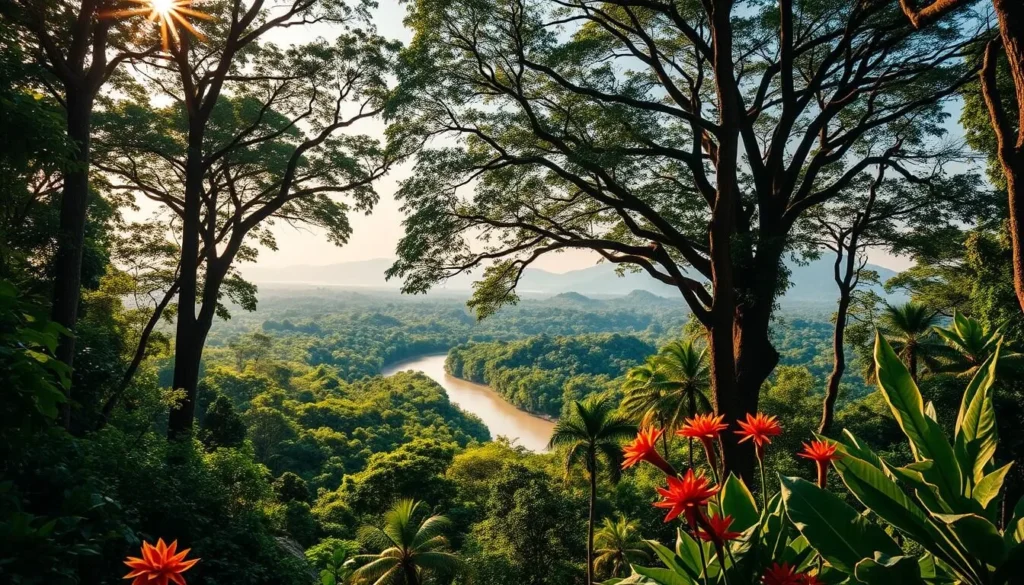A lush, verdant landscape unfolds, the Central Suriname Nature Reserve in all its glory. Towering trees stretch skyward, their canopies filtering the warm, golden sunlight that bathes the forest floor. A winding river snakes through the heart of the scene, its crystal-clear waters reflecting the surrounding foliage. In the foreground, vibrant tropical flowers bloom, their hues vibrant and captivating. Distant hills rise gently, cloaked in a hazy blue mist. The atmosphere is one of tranquility and wonder, inviting the viewer to immerse themselves in the untamed beauty of this remarkable natural haven.