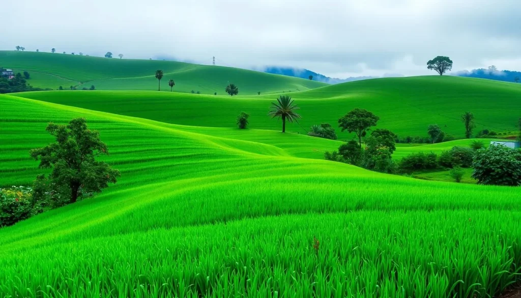 A lush, verdant landscape unfolds under the gentle caress of the monsoon rains in Sangli-Miraj-Kupwad. Swaying fields of emerald-hued crops stretch out towards the horizon, punctuated by clusters of vibrant wildflowers and the occasional towering tree. In the distance, the silhouettes of rolling hills rise up, their slopes blanketed in a misty, ethereal haze. The air is thick with the earthy scent of petrichor, and the sound of raindrops pattering against the foliage creates a soothing, meditative rhythm. Soft, diffused lighting filters through the overcast skies, casting a warm, dreamy glow over the entire scene. This idyllic, tranquil landscape perfectly captures the best time to visit Sangli-Miraj-Kupwad, when the monsoon season transforms the region into a verdant, enchanting wonderland.
