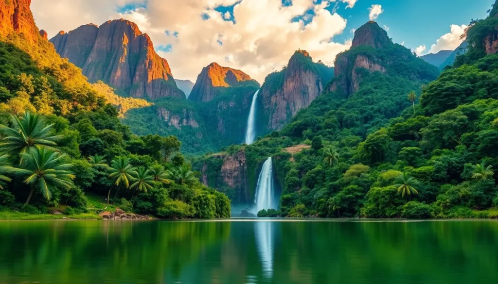 A lush, verdant landscape unfolds, where the mighty Churun River winds through the heart of Canaima National Park, Venezuela. Towering tepui plateaus, sculpted by millennia, rise majestically in the background, their rugged sandstone cliffs glistening under the warm, golden light of a sun-dappled sky. In the foreground, a tranquil lake reflects the surrounding natural splendor, its crystal-clear waters offering a mirror to the ethereal beauty of the cascading Salto Ángel, the world's highest uninterrupted waterfall. The scene evokes a sense of serene wonder, inviting visitors to immerse themselves in the park's captivating natural wonders during the best time to visit - the dry season, when the weather is mild and the landscapes are at their most vibrant.