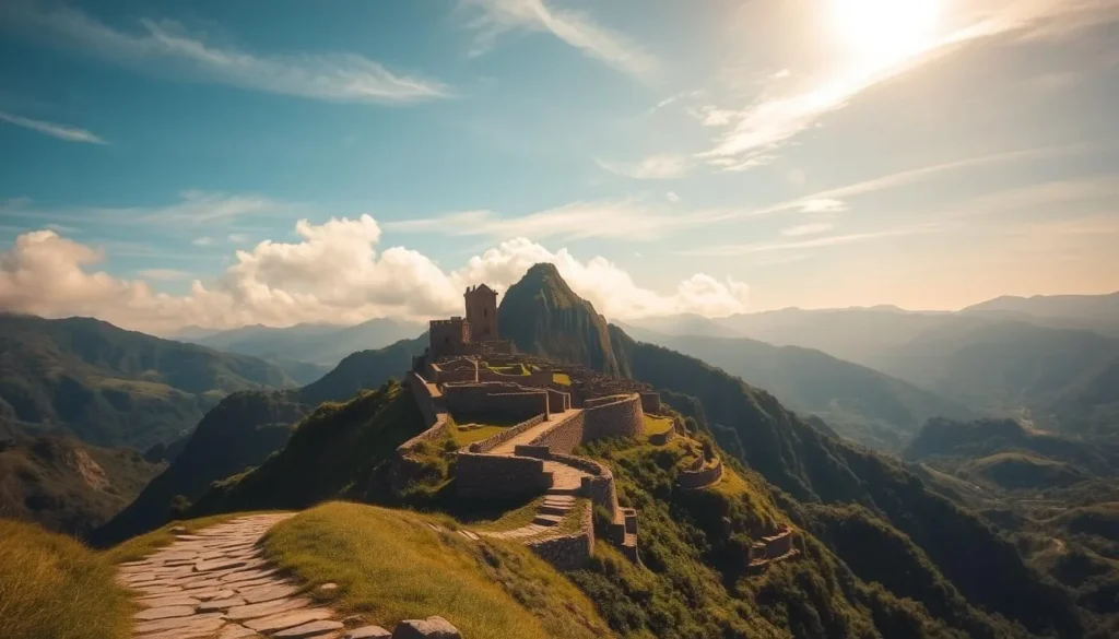 A lush, verdant landscape unfolds, with the ancient fortress of Kuelap perched atop a rugged, mountainous backdrop. In the foreground, a winding path leads the viewer up the steep, stone-paved incline, inviting exploration. The warm, golden sunlight filters through wispy clouds, casting a gentle glow over the weathered walls and towers of the historic site. In the distance, the rolling hills and valleys of the Andes mountains stretch out, hinting at the grand scale of this enchanting destination. The scene conveys a sense of adventure and wonder, setting the stage for the journey to this remarkable Peruvian wonder.