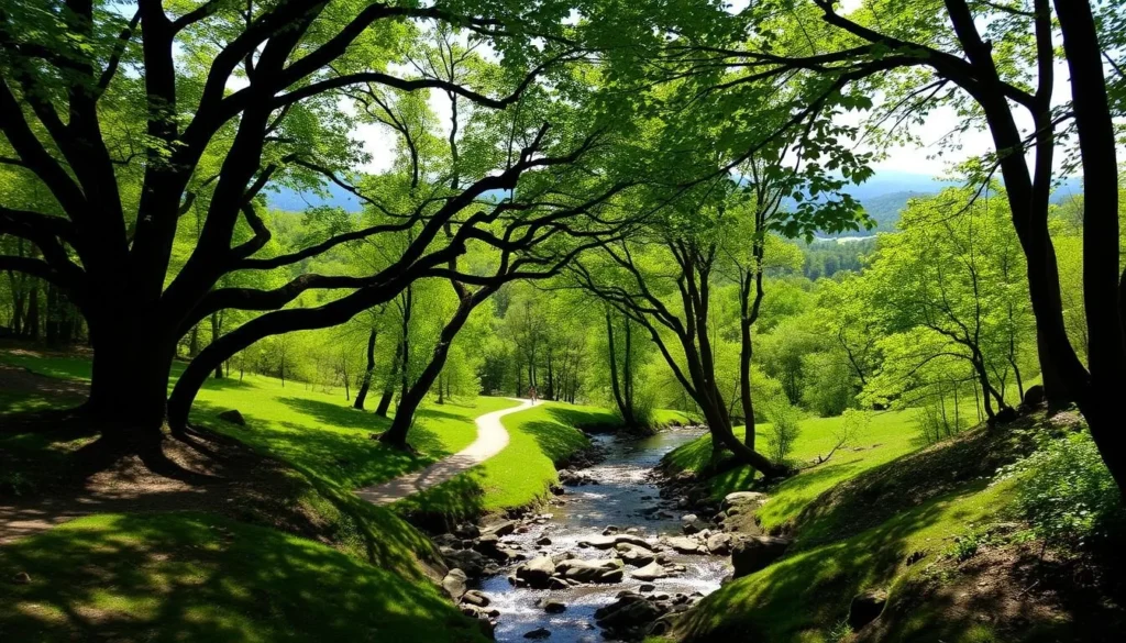 A lush, verdant landscape with Brandywine Creek gently winding through the heart of Brandywine Creek State Park. Towering oak and maple trees frame the scene, their leaves dappling the sunlight that filters down to the rocky banks below. In the middle ground, a hiking trail meanders along the creek, inviting visitors to explore the serene natural setting. The background features rolling hills and distant forests, creating a sense of peaceful seclusion. The overall mood is one of tranquility and wonder, capturing the essence of this picturesque Delaware state park.