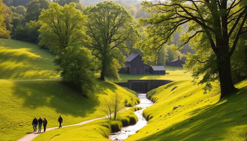 A lush, verdant landscape with rolling hills and a meandering creek cutting through the center. In the foreground, a group of people leisurely strolling along a well-maintained trail, taking in the serene natural beauty. The middle ground features historic structures, perhaps an old mill or farmhouse, hinting at the park's rich heritage. In the background, towering trees with dappled sunlight filtering through the leaves, creating a warm, inviting atmosphere. The scene is bathed in a soft, golden glow, capturing the tranquility and timelessness of White Clay Creek State Park.