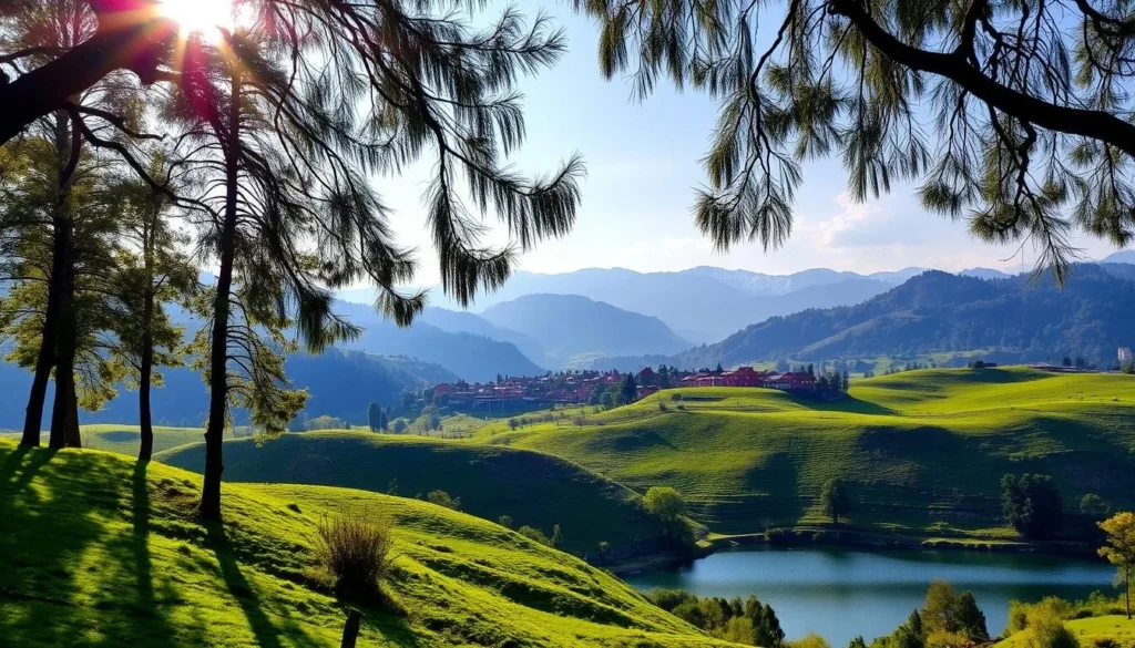 A lush, verdant landscape with rolling hills and a tranquil lake nestled in the foreground. Sunlight filters through the canopy of tall, swaying trees, casting a warm, golden glow over the scene. In the distance, a picturesque village with quaint, colorful houses sits nestled against a backdrop of rugged, snow-capped mountains. The scene exudes a sense of calm and serenity, inviting the viewer to immerse themselves in the natural beauty of Loni, Uttar Pradesh.