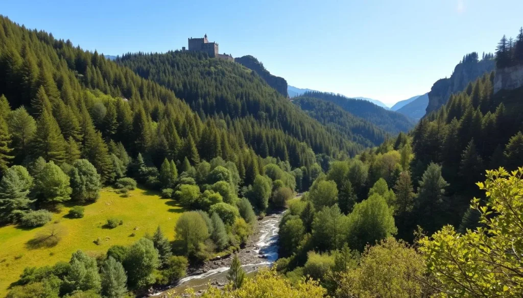 A lush, verdant landscape with rolling hills and dense, towering forests of oak, beech, and pine trees. A winding stream cuts through the valley, its clear waters sparkling in the warm sunlight. Towering limestone cliffs rise up on either side, casting dramatic shadows across the scene. In the distance, a medieval castle sits atop a rocky outcrop, its turrets and spires silhouetted against the bright blue sky. The scene exudes a sense of tranquility and timeless natural beauty, capturing the essence of the Krivoklat Protected Landscape Area.