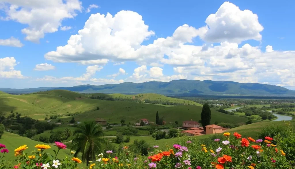 A lush, verdant landscape with rolling hills and winding rivers, under a bright, sunny sky dotted with fluffy white clouds. In the foreground, a vibrant array of seasonal flowers blooms, their petals swaying gently in a light breeze. The middle ground features a quaint Paraguayan village, with traditional red-tiled roofs and colorful adobe buildings. In the distance, majestic mountains rise up, their peaks bathed in a warm, golden light. The scene conveys a sense of tranquility and harmony, perfectly capturing the essence of Paraguay's diverse seasonal weather patterns.