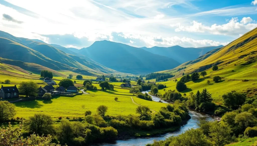 A lush, verdant landscape with rolling hills and winding streams in the Glens of Antrim, Northern Ireland. Sunlight filters through wispy clouds, casting a warm, golden glow over the scene. In the foreground, a tranquil river meanders through the valley, its banks lined with verdant trees and shrubs. In the middle ground, gentle slopes are dotted with clusters of ancient stone cottages and farmhouses, their thatched roofs and whitewashed walls gleaming in the soft light. The background is dominated by the dramatic silhouettes of rugged, heather-covered mountains, their peaks reaching towards the heavens. An atmosphere of rustic charm and natural beauty pervades the entire scene, inviting the viewer to immerse themselves in the serene, timeless allure of this picturesque region.