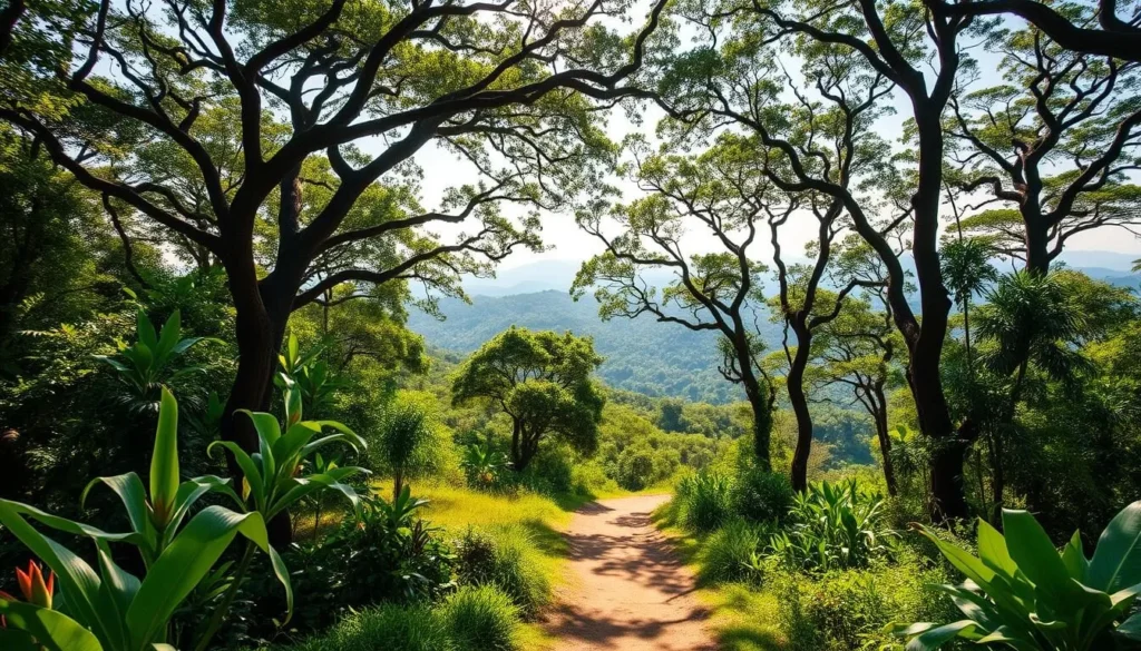A lush, verdant landscape with towering canopy trees casting dappled sunlight over a winding trail that leads into the heart of Brownsberg Nature Park, Suriname. In the foreground, vibrant tropical flora and fauna come into focus, while the middle ground reveals rolling hills and distant peaks. Capture the tranquil, pristine atmosphere of this protected wilderness area through a wide-angle lens, showcasing the park's natural beauty and the sense of serenity experienced by visitors. Render this scene with a warm, golden glow and crisp, high-definition details that transport the viewer to this picturesque natural haven.