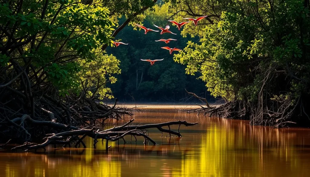 A lush, verdant mangrove forest along the coast of Cabo Orange National Park, Brazil. The sun's golden rays filter through the dense canopy, casting a warm, dappled glow upon the still, mirror-like waters. Twisted, tangled roots emerge from the shallows, creating a maze of natural pathways for wildlife to navigate. In the distance, a flock of vibrant Scarlet Ibis birds takes flight, their crimson plumage a stunning contrast against the rich greens and browns. The scene exudes a sense of tranquility and the unspoiled beauty of this diverse coastal ecosystem.