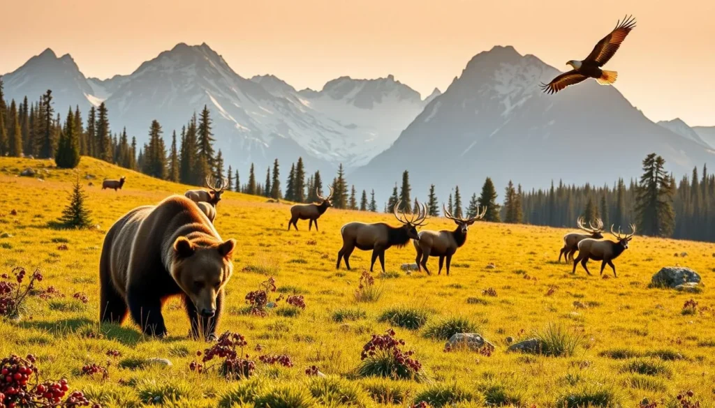 A lush, verdant meadow in Garibaldi Provincial Park, British Columbia, teeming with diverse wildlife. In the foreground, a majestic grizzly bear forages for berries, its powerful movements captured in sharp detail. In the middle ground, a herd of Roosevelt elk graze peacefully, their antlers silhouetted against the backdrop of towering snow-capped peaks. Overhead, a bald eagle soars effortlessly, its keen eyes scanning the landscape for prey. The scene is bathed in warm, golden sunlight, creating a serene and captivating atmosphere. Capture this idyllic wildlife haven with a crisp, high-resolution lens, showcasing the natural beauty and splendor of Garibaldi Provincial Park.