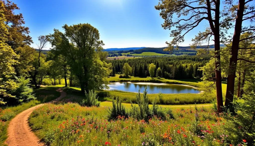 A lush, verdant nature reserve nestled in the heart of Falun, Sweden. Sunlight filters through the canopy of towering oak and birch trees, casting a warm, golden glow over the scene. In the foreground, a winding path meanders through a carpet of vibrant wildflowers, inviting visitors to explore the tranquil oasis. The middle ground features a serene pond, its still waters reflecting the surrounding foliage and the clear blue sky above. In the distance, rolling hills covered in a patchwork of meadows and forests stretch out to the horizon, creating a sense of depth and natural beauty. The overall atmosphere is one of peaceful solitude, a haven for both humans and wildlife to connect with the great outdoors.
