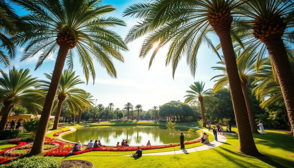 A lush, verdant oasis in the heart of Medina, Saudi Arabia. Towering date palms cast gentle shadows over a serene pond, its surface reflecting the azure sky above. Winding pathways meander through a tapestry of vibrant foliage, from fragrant blooming flowers to verdant grassy knolls. Families and friends gather under the dappled sunlight, enjoying picnics and leisurely strolls, immersed in the tranquil ambiance of this urban green sanctuary. The scene is bathed in a warm, golden glow, creating a serene and inviting atmosphere perfect for outdoor recreation and relaxation.