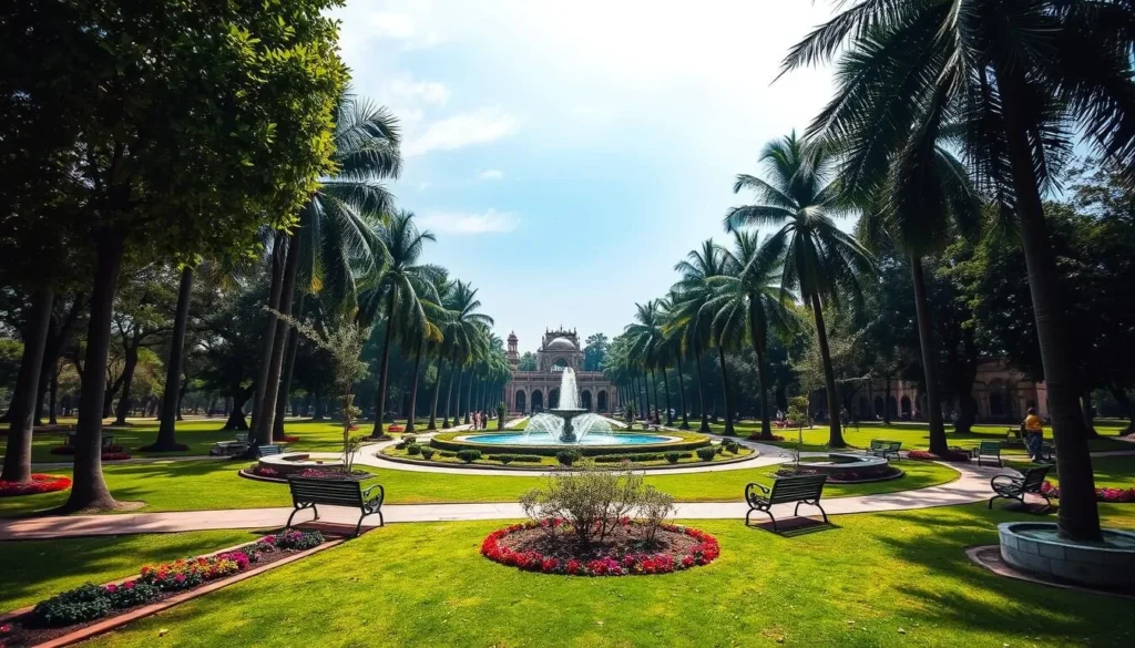 A lush, verdant oasis in the heart of Vadodara, Sayaji Garden boasts a tranquil ambiance and diverse flora. Capture the serene scene with a wide-angle lens, showcasing the meticulously manicured lawns, vibrant flowerbeds, and towering palm trees that cast gentle shadows. Sunlight filters through the canopy, creating a warm, inviting atmosphere. In the foreground, stroll along the winding pathways lined with benches, inviting visitors to pause and appreciate the natural beauty. The middle ground features a stunning central fountain, its cascading waters reflecting the azure sky above. In the distance, glimpse the ornate architectural elements that lend an air of elegance to this verdant oasis, a true haven of relaxation amidst the bustling city.