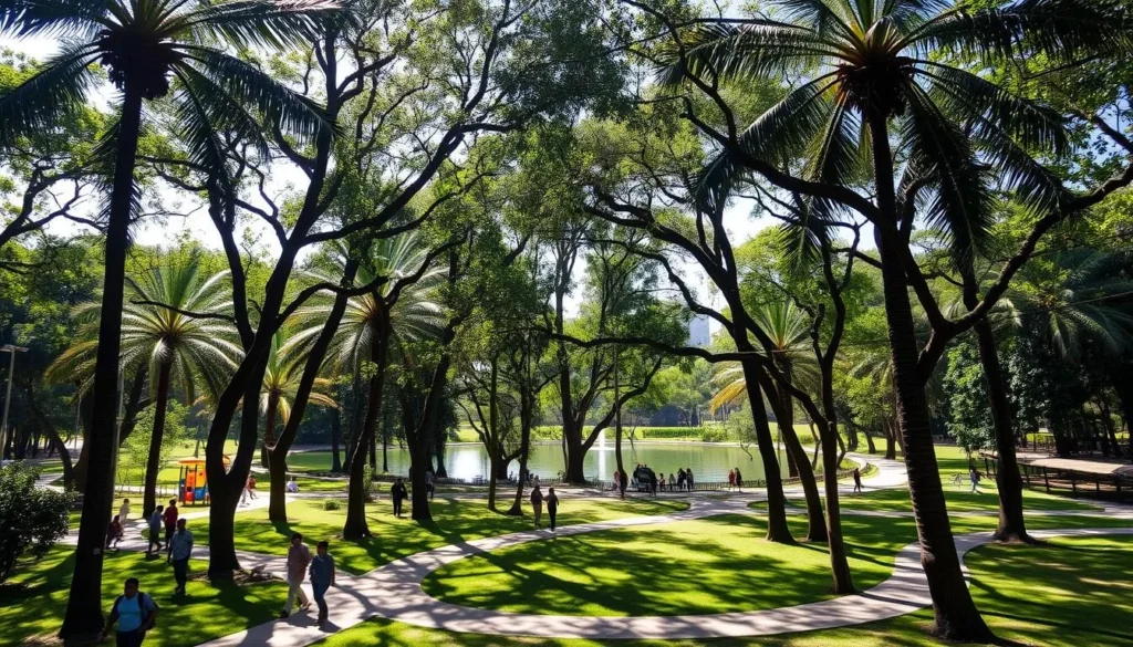 A lush, verdant oasis of Parque Los Samanes in Maracay, Venezuela. Bask in the dappled sunlight filtering through towering palm trees, casting intricate shadows across winding paths. In the foreground, families stroll leisurely, enjoying the tranquil ambiance. In the middle ground, children play on colorful playgrounds, their laughter echoing through the park. In the background, a pristine lake reflects the surrounding greenery, inviting visitors to pause and admire the natural beauty. The scene exudes a serene, idyllic atmosphere, perfectly capturing the recreational and wildlife offerings of this urban oasis.