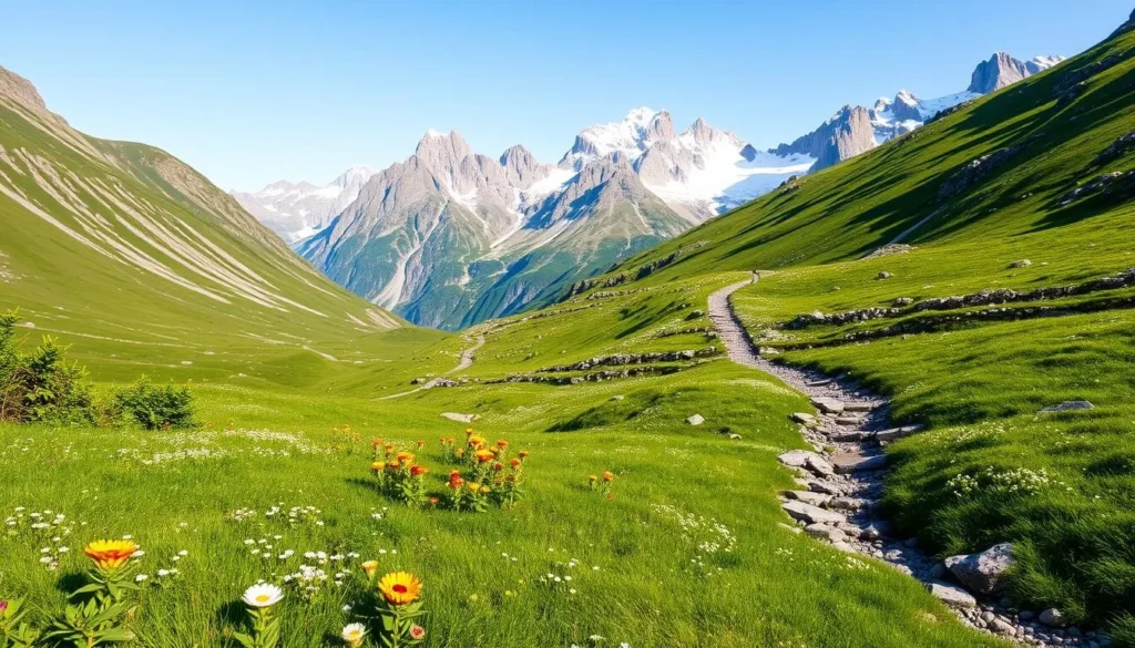 A lush, verdant panorama of the Sylan Mountains in Norway, captured on a clear, sun-dappled day. In the foreground, a pristine alpine meadow dotted with vibrant wildflowers sways gently in the breeze. The middle ground features a winding, rocky trail leading up into the mountains, inviting the viewer to explore. Towering, snow-capped peaks rise majestically in the background, their rugged slopes illuminated by soft, golden light. The scene exudes a sense of tranquility and natural wonder, perfectly suited for wildlife spotting and nature photography.
