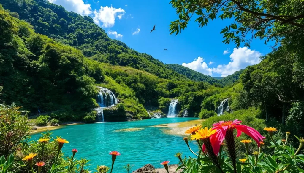 A lush, verdant paradise on the Ilha das Couves, Brazil. Rolling hills draped in vibrant foliage, with sun-dappled clearings and winding trails leading to hidden waterfalls. Crystalline pools reflect the azure sky, inviting swimmers to cool off. Exotic birds flit through the canopy, their calls echoing across the serene landscape. In the foreground, colorful wildflowers sway gently in a soft breeze. The atmosphere is one of tranquility and natural beauty, a true haven for nature lovers.