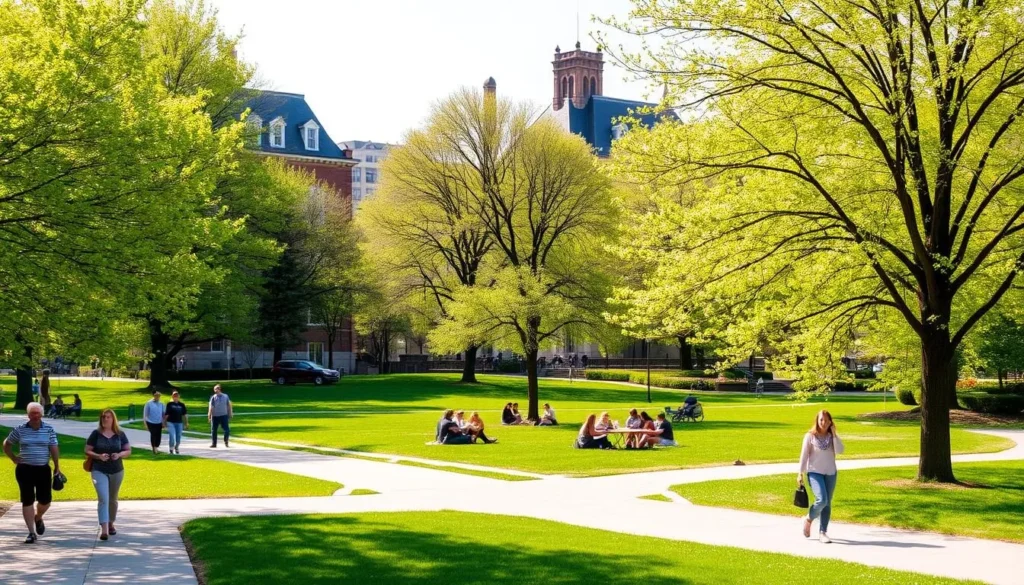 A lush, verdant park in Binghamton, New York on a pleasant spring day. In the foreground, people stroll along paved paths, enjoying the mild weather and blooming flowers. In the middle ground, a group of friends picnics on the grass, their laughter and conversation carrying on the light breeze. In the background, the stately buildings of downtown Binghamton peek out from behind the vibrant trees, their architecture a harmonious blend of old and new. Soft, natural lighting illuminates the scene, casting a warm, inviting glow over the entire landscape. The atmosphere is one of relaxation, community, and the joyful embrace of the changing seasons. A lush, verdant park in Binghamton, New York on a pleasant spring day. In the foreground, people stroll along paved paths, enjoying the mild weather and blooming flowers. In the middle ground, a group of friends picnics on the grass, their laughter and conversation carrying on the light breeze. In the background, the stately buildings of downtown Binghamton peek out from behind the vibrant trees, their architecture a harmonious blend of old and new. Soft, natural lighting illuminates the scene, casting a warm, inviting glow over the entire landscape. The atmosphere is one of relaxation, community, and the joyful embrace of the changing seasons.