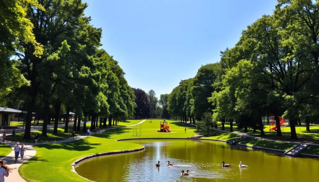 A lush, verdant park in Druskininkai, Lithuania, on a sunny day. Tall, graceful trees line winding paths, their branches casting dappled shadows on the well-manicured lawns below. In the foreground, a serene pond reflects the azure sky, its surface broken by the gentle ripples of waterfowl gliding across it. Families stroll leisurely, children play on colorful playground equipment, and joggers stride past. The scene exudes a tranquil, peaceful atmosphere, inviting visitors to relax and immerse themselves in the natural beauty of this green oasis.