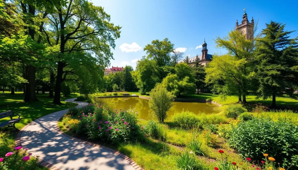A lush, verdant park in Jihlava, Czechia, on a warm, sunny day. In the foreground, a winding path leads through a serene garden filled with vibrant flowers and towering trees casting dappled shadows. The middle ground reveals a tranquil pond, its surface reflecting the surrounding greenery. In the background, the city's historic architecture peeks through the foliage, creating a harmonious blend of nature and urban elements. Capture the peaceful atmosphere with a medium-wide lens, using soft, natural lighting to enhance the scene's calming ambiance.
