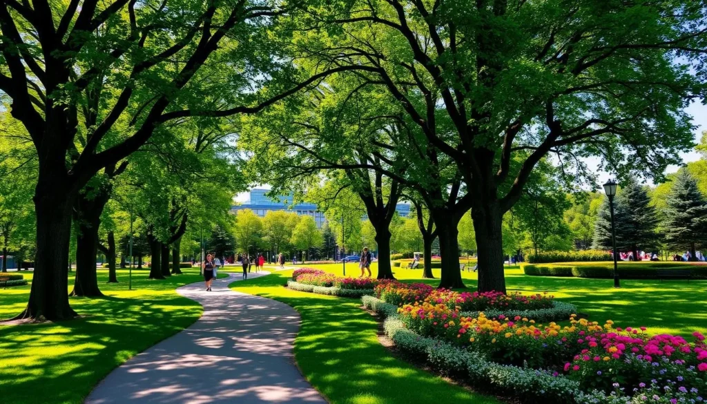A lush, verdant park in Malmö, Sweden on a sunny day. In the foreground, a winding path leads through a canopy of mature oak and elm trees, their leaves casting dappled shadows on the ground. Vibrant flower beds line the path, bursting with colorful blooms. In the middle ground, people leisurely stroll, jog, or sit on benches, enjoying the tranquil atmosphere. In the background, glimpses of modern architecture peek through the greenery, contrasting with the natural setting. Soft, warm lighting bathes the scene, creating a serene and inviting ambiance.