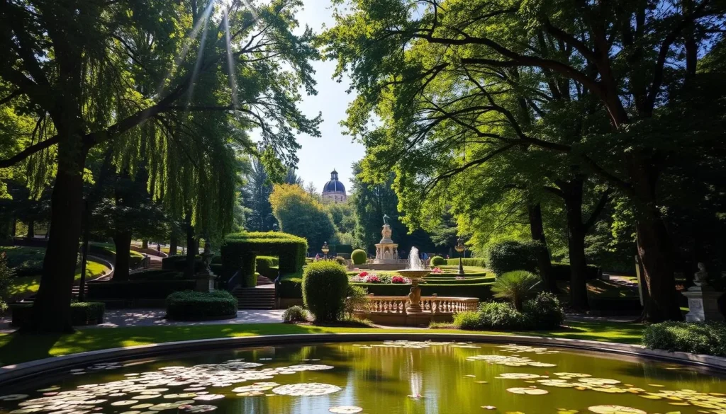 A lush, verdant park in Marianske Lazne, Czechia, on a pleasant summer day. Sunlight filters through the canopy of towering trees, casting a warm glow on the winding paths and well-manicured gardens. In the foreground, a tranquil pond reflects the surrounding foliage, its surface dotted with water lilies. The middle ground features ornate fountains and sculptures, while the background showcases the town's historic architecture peeking through the greenery. The atmosphere is one of serene, natural beauty, inviting visitors to stroll, relax, and immerse themselves in the picturesque surroundings.