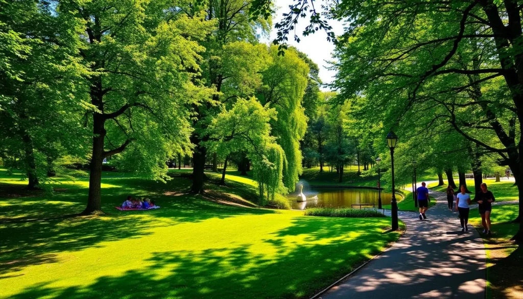 A lush, verdant park in the London Borough of Harrow, England, on a sunny day. Vibrant green trees and meticulously manicured lawns frame a winding path, inviting visitors to explore. Families picnic on checkered blankets, children play on a nearby playground, and joggers stride along the path, soaking in the tranquil atmosphere. Dappled sunlight filters through the canopy, casting a warm, golden glow over the scene. A small pond reflects the surrounding foliage, its calm surface broken by the occasional duck or swan. Benches dot the landscape, offering respite to those seeking to immerse themselves in the peaceful sanctuary of this urban oasis.