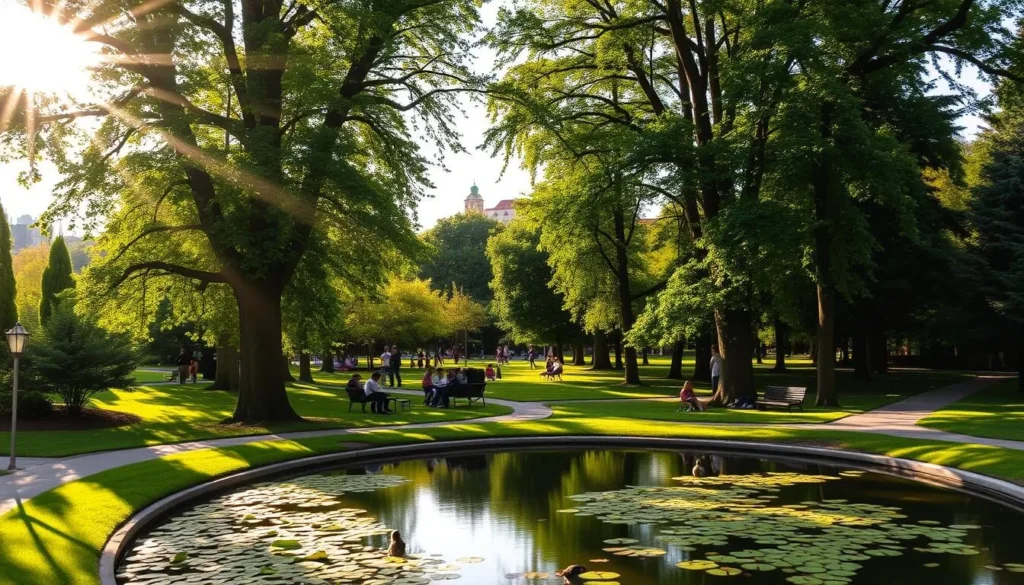 A lush, verdant park in the heart of Plzen, Czech Republic. Sunlight filters through the canopy of towering trees, casting a warm glow over the tranquil scene. Neatly manicured pathways wind through the landscape, inviting visitors to stroll and explore. In the foreground, a serene pond reflects the surrounding foliage, its surface dotted with lily pads and the occasional duck. Benches line the edges, offering ample opportunities to sit and enjoy the peaceful atmosphere. In the middle ground, families and friends gather, picnicking on the grass or playing casual games. The background reveals the city skyline, a harmonious blend of historic architecture and modern buildings. An overall sense of relaxation and calm pervades the space, making it an idyllic retreat from the bustling urban environment.
